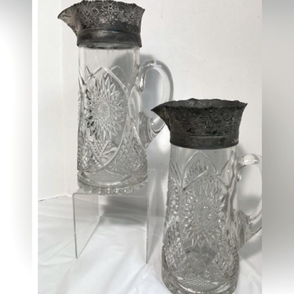 Art Deco Antique American Silver Plated Pewter Glass Handled Pitcher vintage